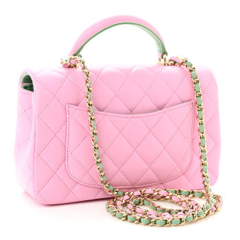 CHANEL LAMBSKIN QUILTED MINI TOP HANDLE MULTI COLOR LILAC AND LIGHT GREEN BAG